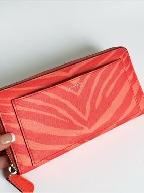 Coach Zebra Striped Coral Pink Full Zip Continental Wallet